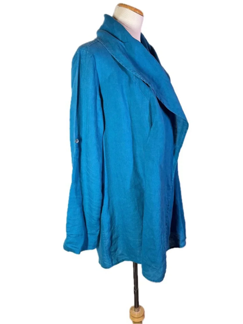 Soft Surroundings Size M Teal Linen Hooded Jacket Open-Front Roll-Tab Sleeves
